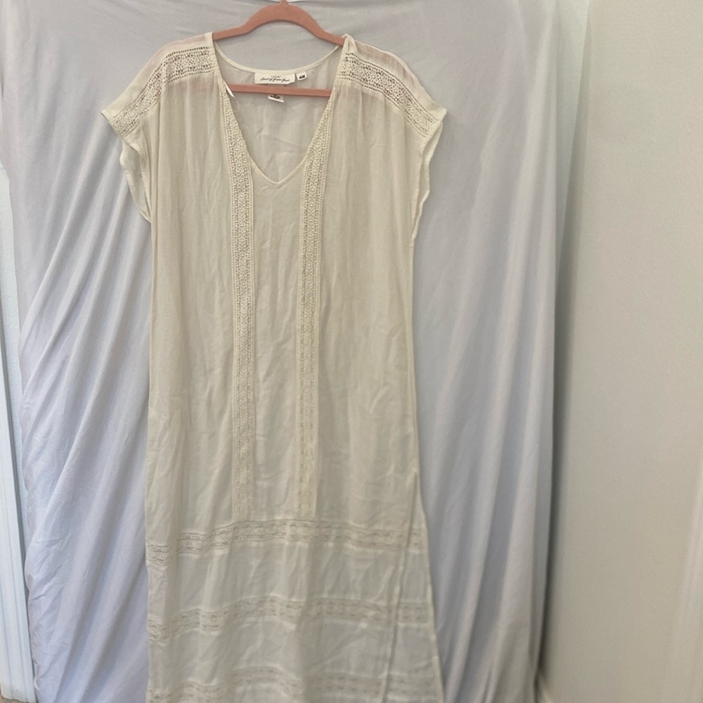 HM cream embroidered long Kaftan swimsuit cover dress sz small cotton